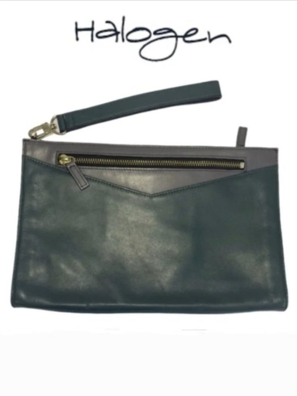 HALOGEN Leather Clutch Dark teal green wrist strap Two-Toned Minimalist Mod